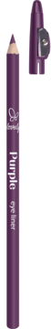 Fioletowa konturówka do oczu z napisem 'Purple eye liner' i nakładką z temperówką, na czarnym tle.