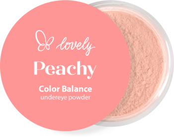 Brzoskwiniowy sypki puder pod oczy Lovely Peachy Color Balance w transparentnym słoiczku na koralowym tle.