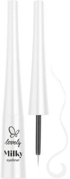Biały eyeliner Lovely Milky: zamknięte opakowanie i otwarte z aplikatorem, obok biały swatch.