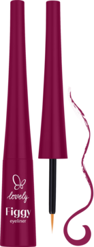 Figowy, matowy eyeliner Lovely Figgy. Widoczne zamknięte opakowanie i otwarty eyeliner z aplikatorem i smugą.