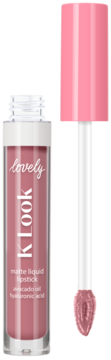 Lovely Klook matowa płynna pomadka, dusty pink, z awokado i kwasem hialuronowym. Otwarta butelka i aplikator.