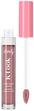Otwarta pomadka Lovely KLook, matowa płynna z kwasem hialuronowym, różowy odcień, aplikator obok.