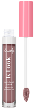 Lovely KLook matowa pomadka w płynie, odcień brudnego różu, z malinami i kwasem hialuronowym. Otwarta butelka i aplikator obok.