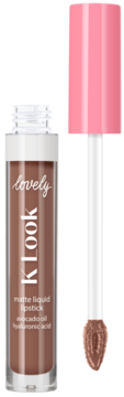 Brązowa, matowa płynna pomadka Lovely K Look, otwarta z aplikatorem. Z olejkiem awokado i kwasem hialuronowym.