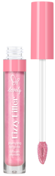 Różowy, otwarty błyszczyk Lovely Fizzy Filler z aplikatorem obok. Plumping lip gloss z kolagenem.