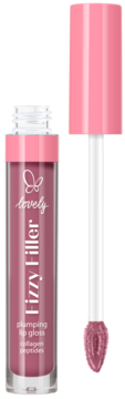 Powiększający błyszczyk Lovely Lizzy Filler, różowy, z kolagenem, w przezroczystej tubce, obok aplikator.