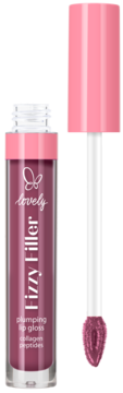 Otwarty Lovely Fizzy Filler, powiększający błyszczyk z kolagenem, z ciemnoróżowym aplikatorem.