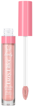 Powiększający błyszczyk Lovely Izzy Filler, różowy, z peptydami, otwarta tubka i aplikator.