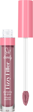 Otwarty błyszczyk Lovely Fizzy Filler w kolorze pudrowego różu z aplikatorem. Napisy: plumping lip gloss, collagen peptides.