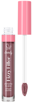 Lovely Fizzy Filler, powiększający błyszczyk do ust w kolorze brudnego różu, z widocznym aplikatorem.