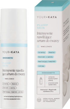 YOUR KAYA Plump Skin serum do twarzy intensywnie nawilżające, biała butelka i pudełko, widok z przodu.