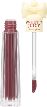 SWEET 'N JUICY tinted gloss w przezroczystej butelce z maupowym płynem, z kokardką na zakrętce, wyjętym aplikatorem.