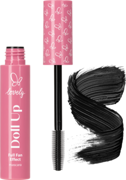 Mascara lovely Doll Up Full Fan Effect w różowej tubce, otwarta ze szczoteczką i smugą czarnego tuszu.