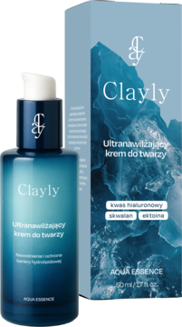 Clayly Ultranawilżający krem do twarzy 50ml, turkusowa butelka z pompką i pasujące pudełko z hasłem Aqua Essence.