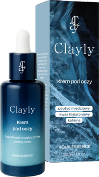 Clayly Aqua Essence krem pod oczy z peptydem miedziowym, kwasem hialuronowym i kofeiną. Butelka z kroplomierzem i pudełko.