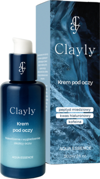 Clayly Krem pod oczy w niebieskiej butelce z pompką obok pudełka, z peptydem miedziowym, kwasem hialuronowym.