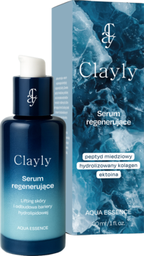 Clayly Aqua Essence serum regenerujące z peptydem miedziowym, butelka z pompką i pudełko, widok lekko z boku.