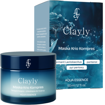 Clayly Maska Krio Kompres, chłodząca maska do twarzy 50ml, w niebieskim słoiczku i pudełku.