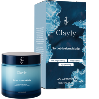 Clayly Aqua Essence Sorbet do demakijażu w turkusowym słoiku i pudełku z wodnym wzorem. Odżywia, usuwa makijaż 100ml.