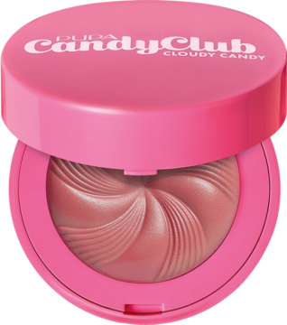 Róż do policzków PUPA Candy Club Cloudy Candy, otwarty, w różowym okrągłym opakowaniu ze spiralnym wzorem.