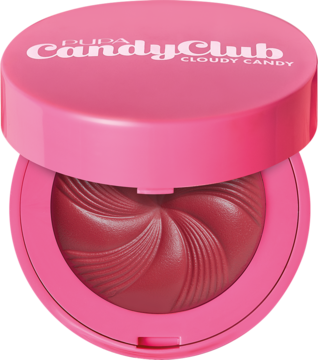 PUPA Candy Club róż do policzków, otwarte różowe opakowanie, matowy różany odcień z reliefowym wzorem.