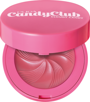 Otwarty róż PUPA Candy Club Cloudy Candy w różowej puderniczce, czerwonoróżowy puder z wytłoczonym wzorem spirali.
