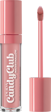 PUPA CandyClub WATERMALLOW, różowy balsam do ust w tubce, z aplikatorem obok, błyszczące wykończenie.