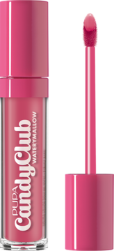 PUPA CandyClub Waterymallow, różowy balsam do ust. Otwarta tubka i aplikator z jasnoróżowym, błyszczącym żelem.