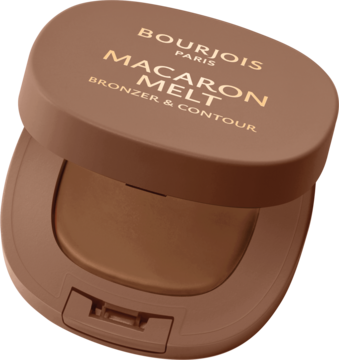 Bourjois Macaron Melt bronzer, brązowy kompakt otwarty, widok z góry pod kątem. Matowy, kremowo-pudrowy, do konturowania.