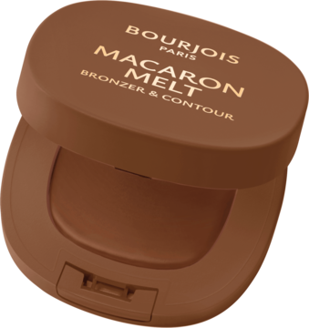 Otwarty bronzer i kontur Bourjois Macaron Melt w brązowym opakowaniu, widok z góry na musowy produkt.