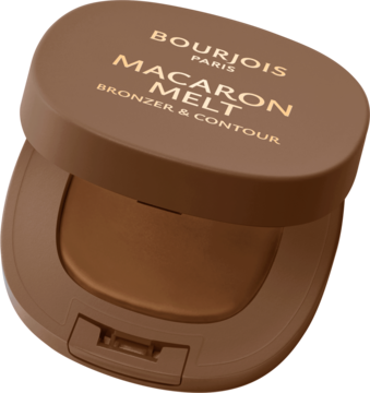 Brązowy bronzer Bourjois Macaron Melt Bronzer & Contour, otwarte matowe opakowanie, widoczny kremowy puder.