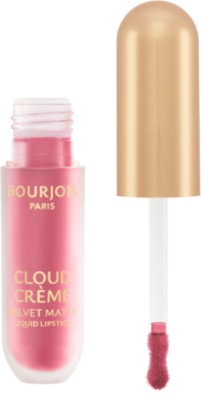 Różowa matowa pomadka w płynie Bourjois Cloud Crème Rose Bonbon, otwarta z aplikatorem.