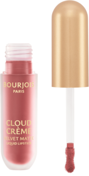 Otwarta matowa pomadka w płynie Bourjois Cloud Crème I Love Mocha w kolorze dusty rose z aplikatorem obok.