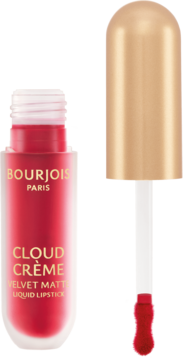 Bourjois Cloud Crème Velvet Matte, otwarta, czerwona pomadka w płynie z aplikatorem obok butelki.