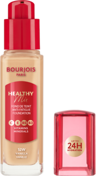 Podkład Bourjois Healthy Mix Anti-Fatigue, beżowa butelka z czerwoną pompką i nakrętką, widok z przodu, z witaminami.