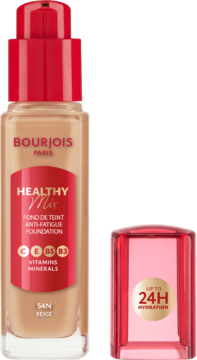 Bourjois Healthy Mix Anti-Fatigue 54N Beige, beżowy podkład w butelce z czerwoną pompką i osobną nakrętką.