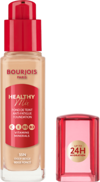 Bourjois Healthy Mix podkład beżowy 55N, szklana butelka z czerwoną pompką. Obok oddzielny korek, 24H nawilżenie.