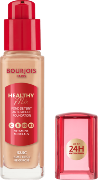 Bourjois Healthy Mix podkład do twarzy, jasnobeżowy, szklana butelka z czerwoną pompką, z nakrętką '24H HYDRATION'.