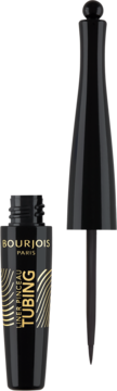 Bourjois Liner Pinceau Tubing eyeliner, otwarty, czarny pojemnik ze złotym napisem, precyzyjny aplikator.