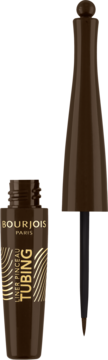 Otwarty brązowy eyeliner Bourjois Liner Pinceau Tubing z precyzyjnym aplikatorem na czarnym tle.