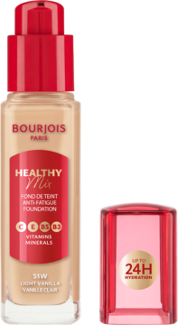 Bourjois Healthy Mix Anti-Fatigue Foundation 51W Light Vanilla, beige bottle, red pump, hydrating cap.