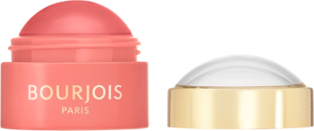 Zbliżenie na otwarty Bourjois Little Round Pot kremowy róż do ust i policzków, z widocznym złotym wieczkiem.