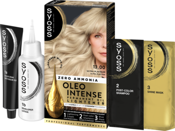 Zestaw rozjaśniacz Syoss Oleo Intense 13.00 Ultra Platinum, bez amoniaku, z tubkami, szamponem i maską, widok z przodu.