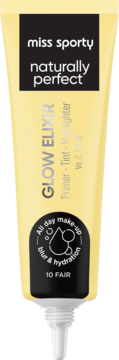 Miss Sporty Glow Elixir 3w1 Primer Tint Highlighter, beżowa tubka z czarnym napisem, widok z przodu, 10 FAIR.