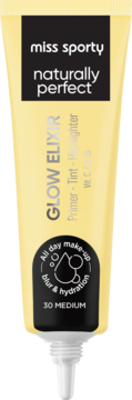 Miss Sporty Glow Elixir, 3w1 primer, tint, rozświetlacz w żółtej tubce z czarnymi napisami. Widok przodu.