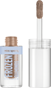 Miss Sporty Frozen Diamonds, płynny cień do powiek z aplikatorem, butelka otwarta i zamknięta, miedziany brokat.