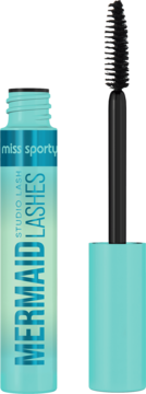 Turkusowa mascara Miss Sporty Mermaid Lash z otwartą tubką i czarną szczoteczką do rzęs, widok z przodu.