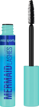 Miss Sporty Mermaid Lashes Studio Lash Mascara: turkusowa butelka i wyjęta czarna szczoteczka, zbliżenie.