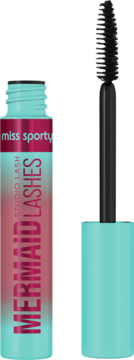 Tusz Miss Sporty Mermaid Lashes, otwarta turkusowo-różowa tubka i obok czarna szczoteczka.