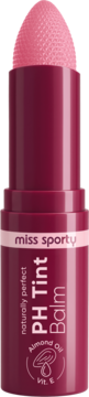 Miss Sporty PH Tint Balm z olejem migdałowym i witaminą E w ciemnoczerwonym opakowaniu, różowy sztyft. Zbliżenie.
